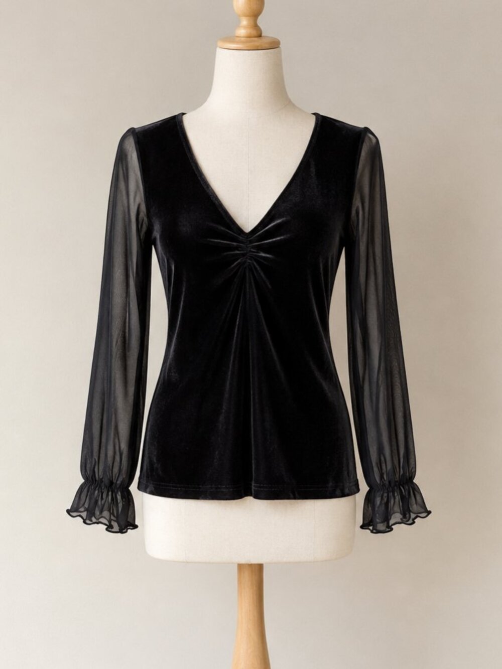 Vintage Carroll Reed Black Velvet Top with Sheer Mesh long sleeves